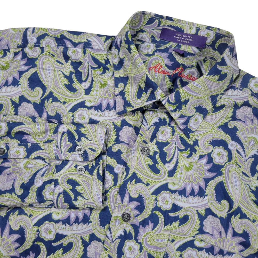 Alan Flusser Button Up Shirt Mens Medium‎ Blue Green Paisley Baroque Long Sleeve